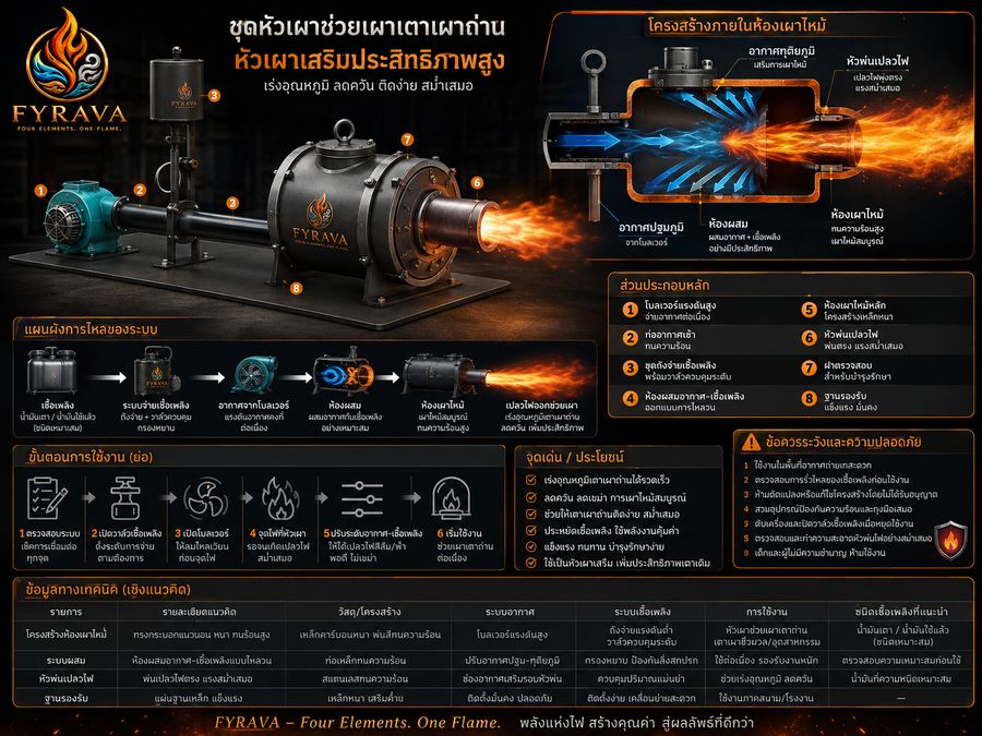 ชุดหัวพ่นไฟช่วยเผาเตาเผาถ่าน FYRAVA แสดงส่วนประกอบและโครงสร้างภายในห้องเผาไหม้